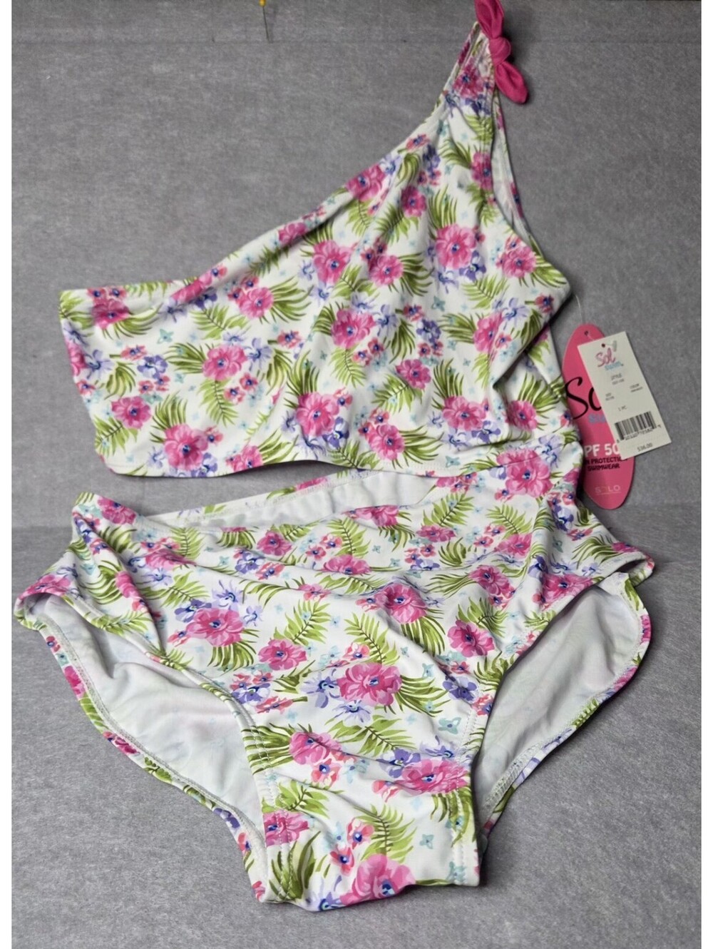 SOL SWIM  Girls One Shoulder Bikini Swimsuit Floral Pink Multi UPF 50+ XL 16 NWT